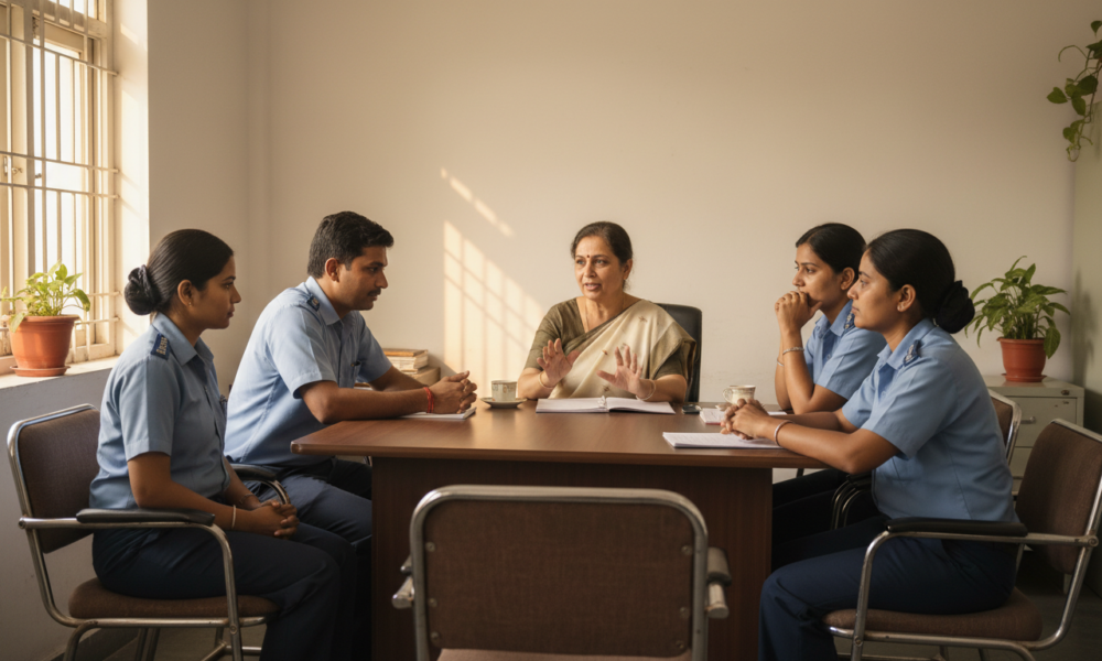 A realistic indoor scene inside an Indian Railways office. A small group of railway employees seated across a table with a counsellor, engaged in a quiet conversation. Natural lighting, simple office furniture, neutral colours, calm and professional mood. No dramatic elements, no text overlays. Photorealistic style, documentary feel, relevant to workplace mental health support. Aspect ratio 1280x720.
