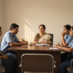 A realistic indoor scene inside an Indian Railways office. A small group of railway employees seated across a table with a counsellor, engaged in a quiet conversation. Natural lighting, simple office furniture, neutral colours, calm and professional mood. No dramatic elements, no text overlays. Photorealistic style, documentary feel, relevant to workplace mental health support. Aspect ratio 1280x720.