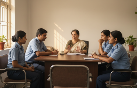 A realistic indoor scene inside an Indian Railways office. A small group of railway employees seated across a table with a counsellor, engaged in a quiet conversation. Natural lighting, simple office furniture, neutral colours, calm and professional mood. No dramatic elements, no text overlays. Photorealistic style, documentary feel, relevant to workplace mental health support. Aspect ratio 1280x720.