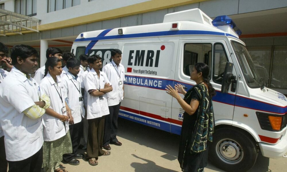 Ambulance vehicle outside a hospital during emergency healthcare operations in India.