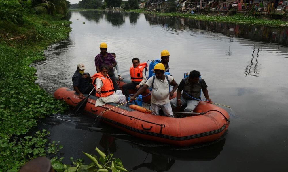 Health workers conducting seasonal disease prevention awareness activities in India.
