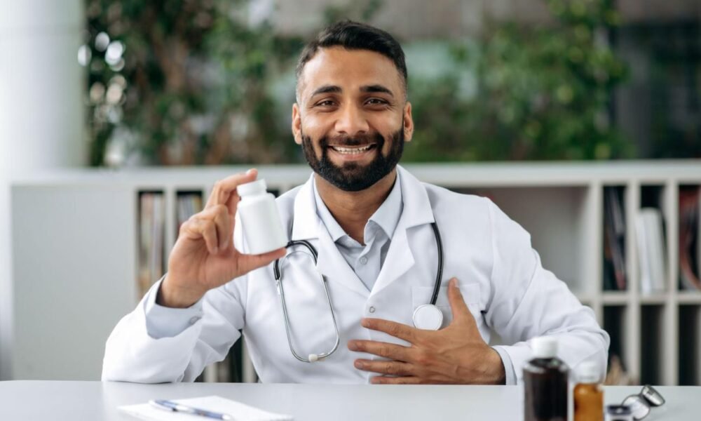 Doctor conducting an online consultation using digital healthcare technology in India.