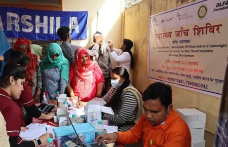 Doctors conducting community health screening and medical check-ups in India.