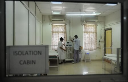 Security arrangements and healthcare operations inside an Indian hospital.