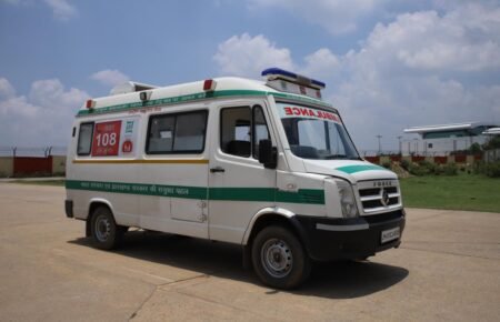 Ambulance vehicle and emergency healthcare response operations in India.