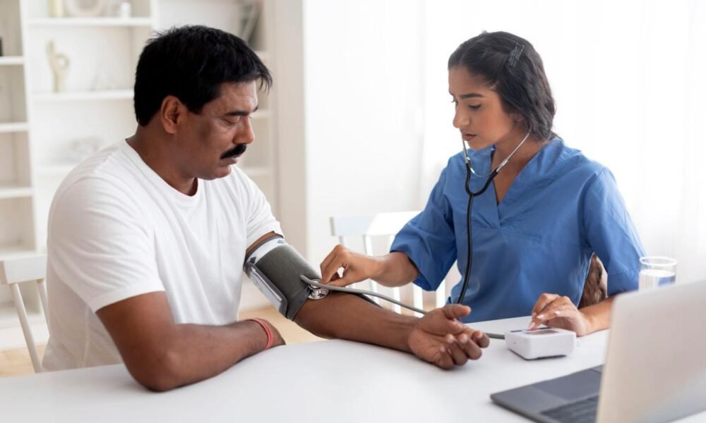 Doctor conducting preventive health screening and lifestyle disease awareness activities in India.