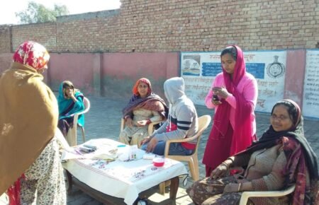 Healthcare workers conducting disease screening and community health outreach activities.