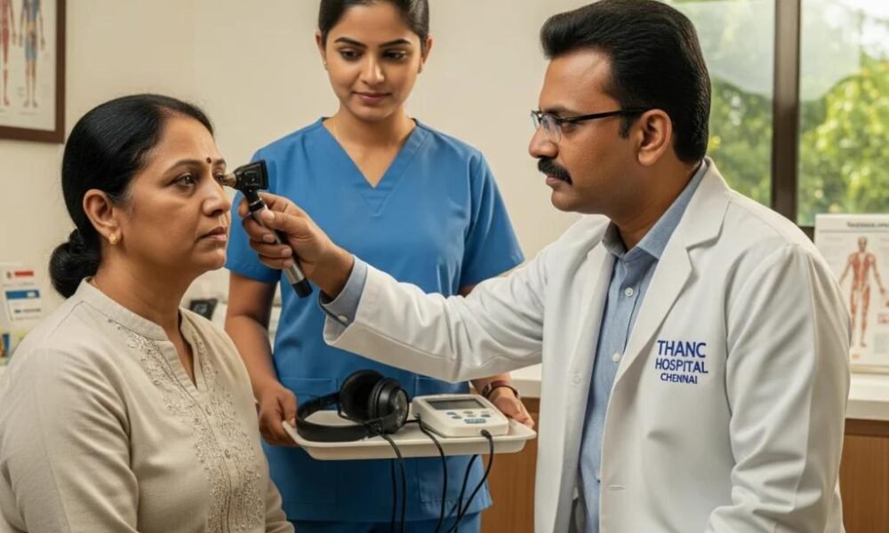 Audiologist discussing hearing health and safe earphone usage with a patient.