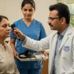 Audiologist discussing hearing health and safe earphone usage with a patient.
