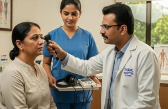Audiologist discussing hearing health and safe earphone usage with a patient.