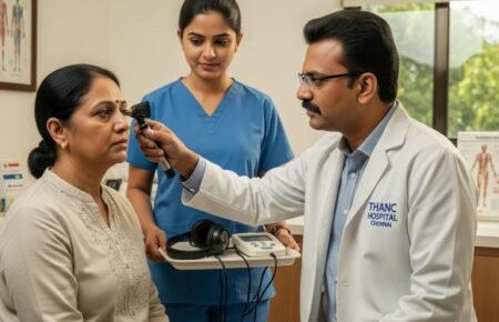 Audiologist discussing hearing health and safe earphone usage with a patient.