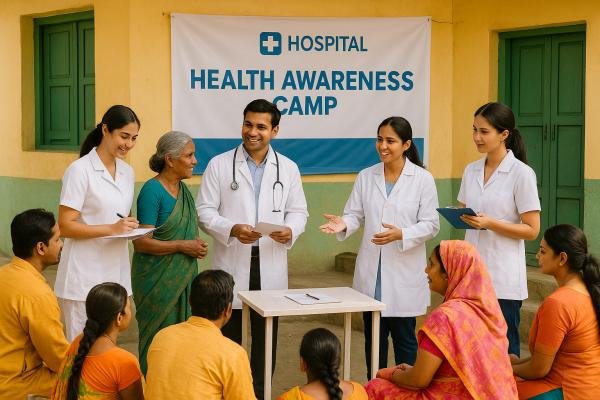 Healthcare workers conducting tuberculosis screening and public health awareness activities.