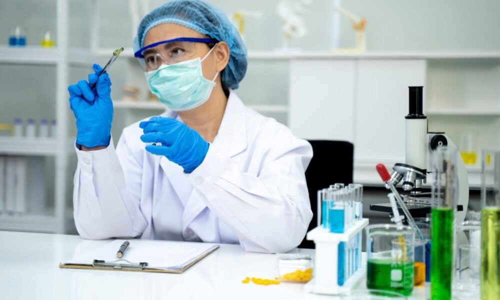 Quality inspection of medicines at a pharmaceutical manufacturing facility.