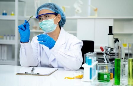 Quality inspection of medicines at a pharmaceutical manufacturing facility.