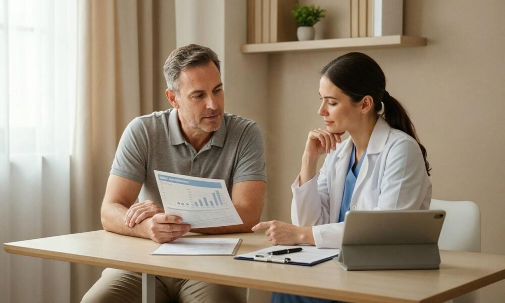 Doctor discussing healthy sleep habits with a patient in Karnataka.