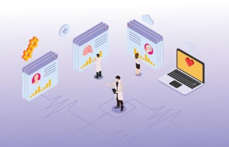 Healthcare professionals using digital health technology and electronic health records.
