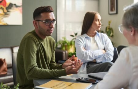 Mental health professional providing counselling support to a young adult.