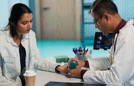 Young professional undergoing a preventive health check-up at a healthcare facility.