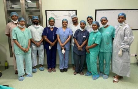 Doctors providing emergency healthcare support during a pilgrimage medical camp.