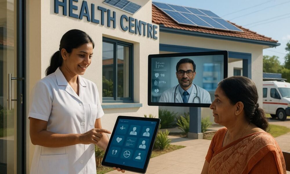 Doctor using a digital health management system in a primary healthcare centre.
