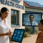 Doctor using a digital health management system in a primary healthcare centre.