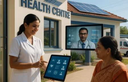 Doctor using a digital health management system in a primary healthcare centre.