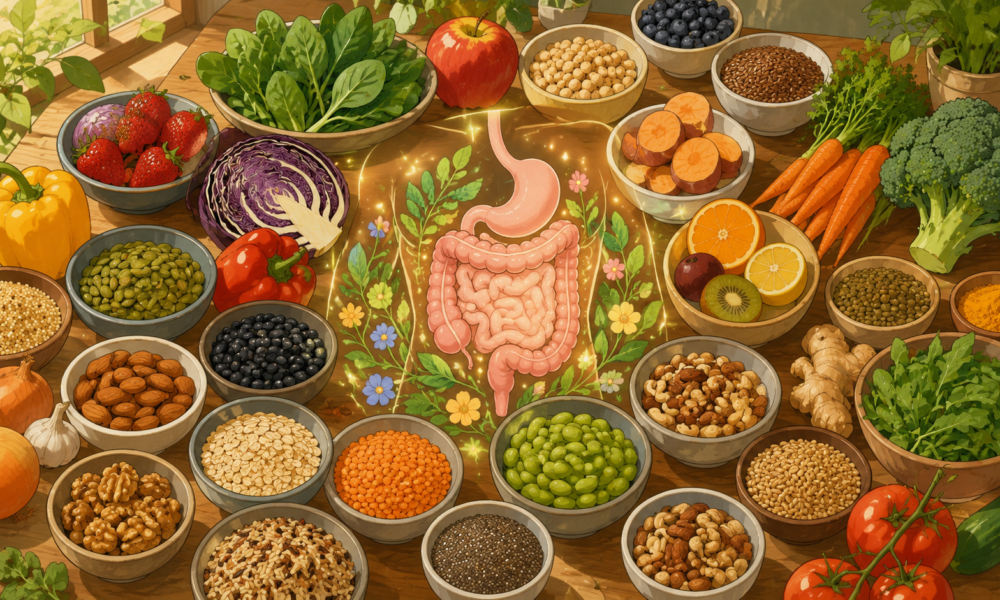 resh fruits, vegetables, legumes, nuts and whole grains arranged to promote healthy gut nutrition.