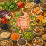 resh fruits, vegetables, legumes, nuts and whole grains arranged to promote healthy gut nutrition.