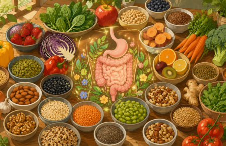 resh fruits, vegetables, legumes, nuts and whole grains arranged to promote healthy gut nutrition.