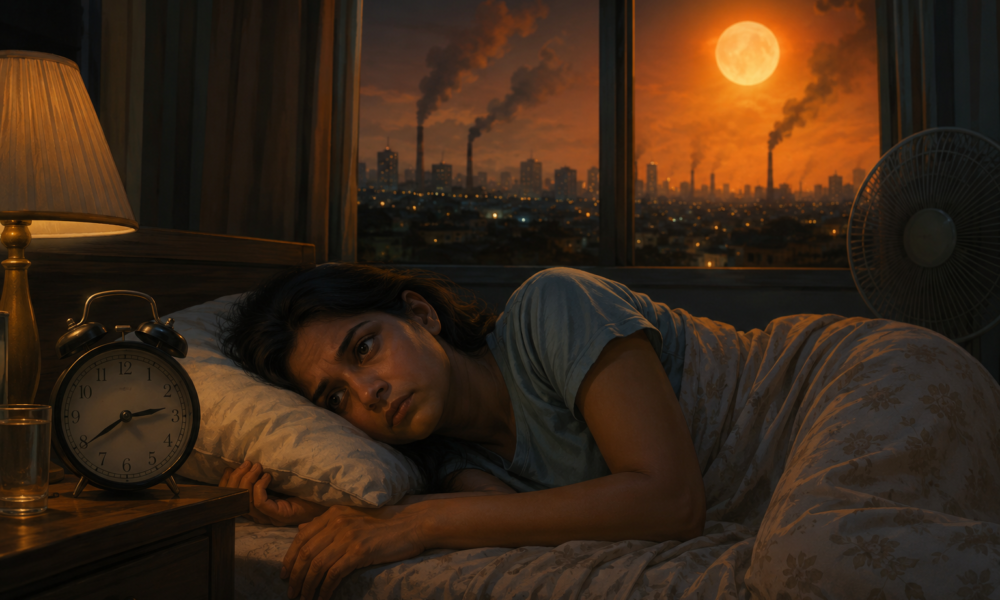 Person lying awake at night in a warm bedroom during a summer heatwave with a glowing thermometer outside the window.
