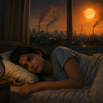 Person lying awake at night in a warm bedroom during a summer heatwave with a glowing thermometer outside the window.
