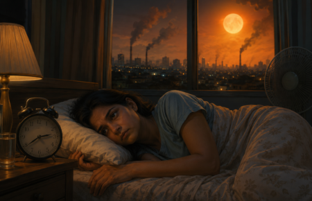 Person lying awake at night in a warm bedroom during a summer heatwave with a glowing thermometer outside the window.