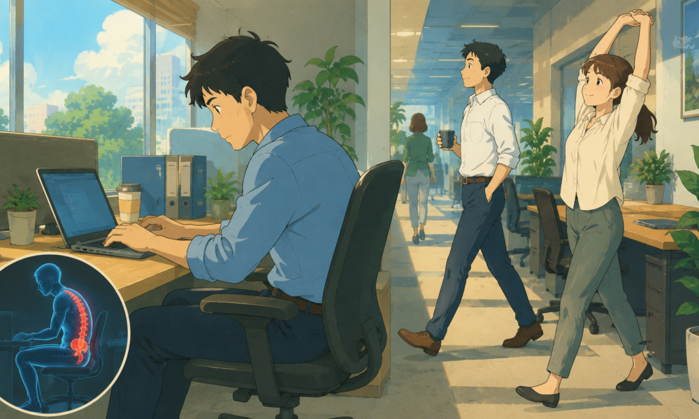 Office employee standing and stretching beside a workstation after long hours of sitting.