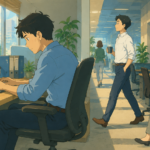 Office employee standing and stretching beside a workstation after long hours of sitting.
