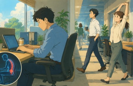 Office employee standing and stretching beside a workstation after long hours of sitting.