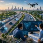 Smart highway with digital traffic analytics, connected vehicles and researchers analysing National Highway data.