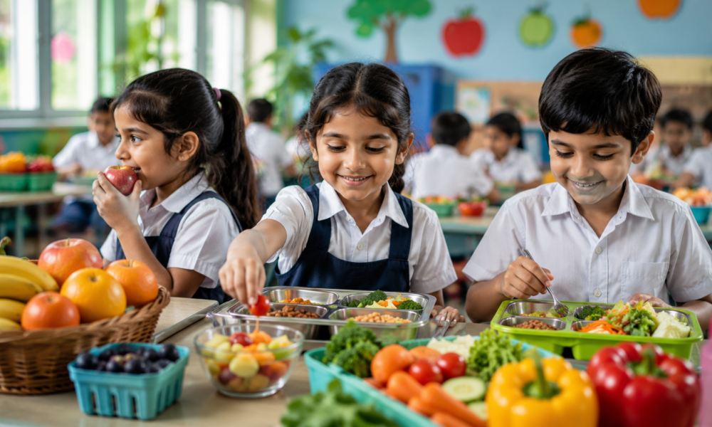 Indian school children choosing healthy fruits and vegetables in a bright school cafeteria.