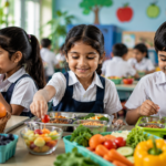 Indian school children choosing healthy fruits and vegetables in a bright school cafeteria.