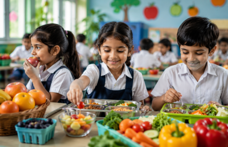 Indian school children choosing healthy fruits and vegetables in a bright school cafeteria.
