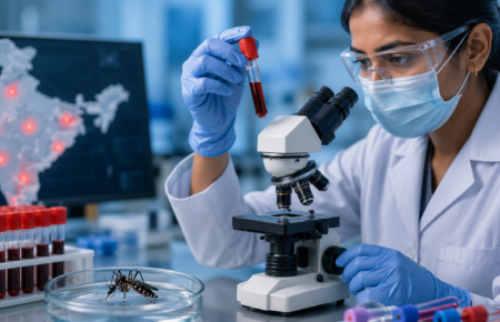 Healthcare worker examining dengue blood samples in a laboratory as India prepares for dengue vaccine rollout.