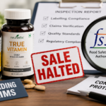 Health supplement bottles displayed alongside an FSSAI inspection concept highlighting product labelling and consumer safety.
