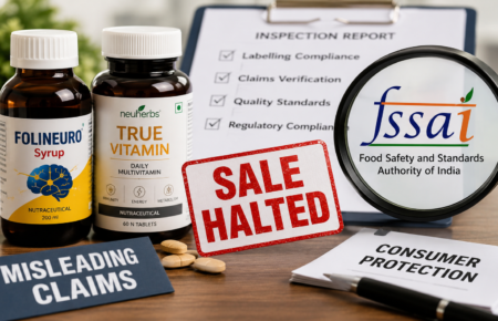 Health supplement bottles displayed alongside an FSSAI inspection concept highlighting product labelling and consumer safety.