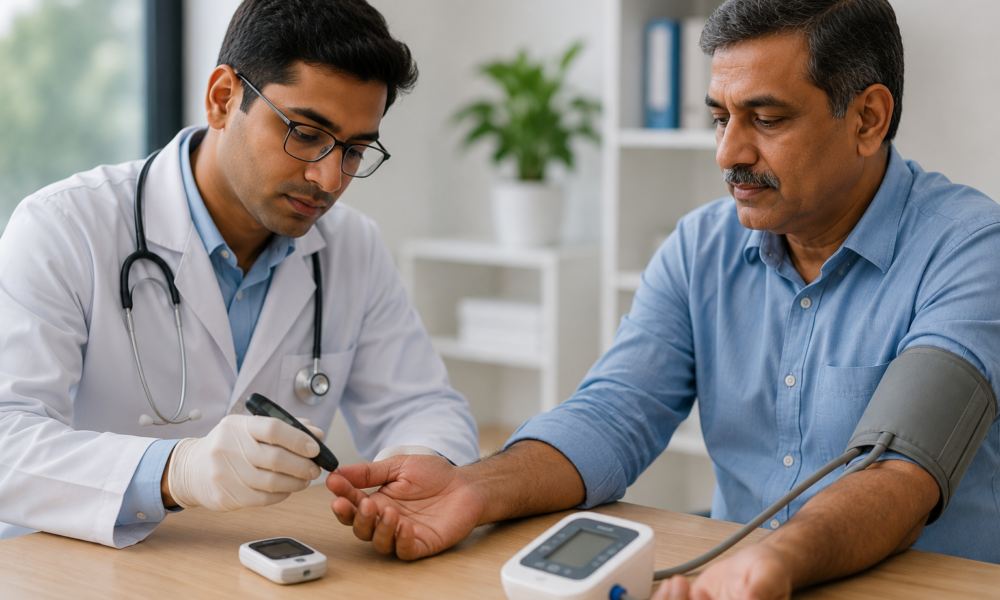 Indian doctor checking a middle-aged patient's blood pressure and blood sugar during a preventive health screening.