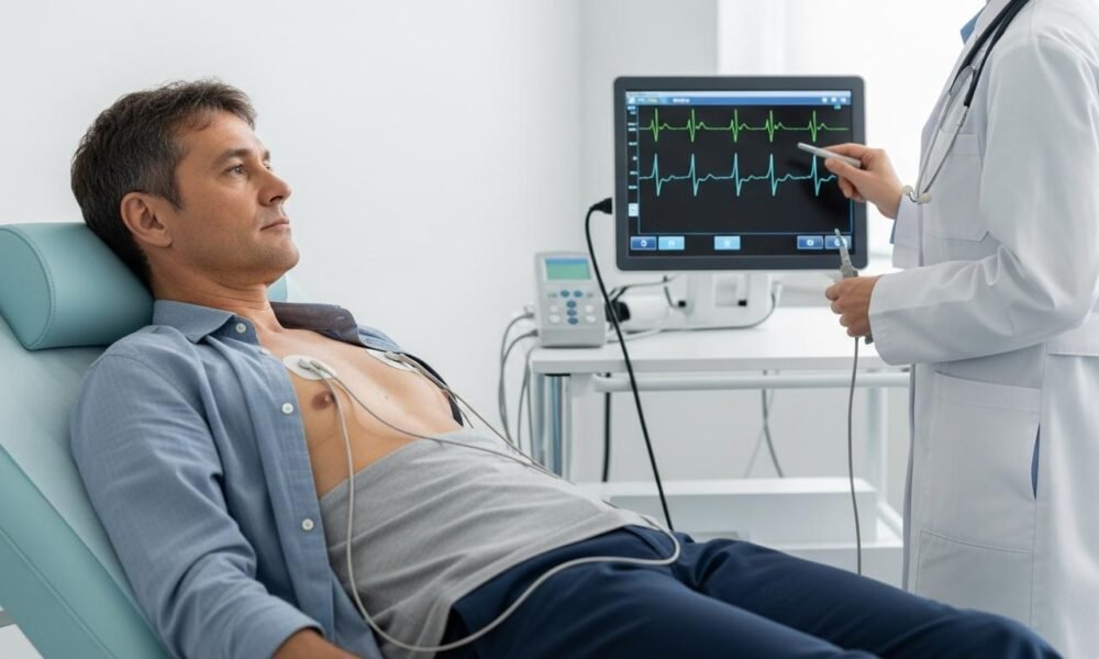 Cardiologists performing an advanced heart rhythm procedure in a cardiac catheterization laboratory.