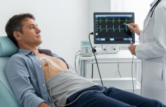 Cardiologists performing an advanced heart rhythm procedure in a cardiac catheterization laboratory.