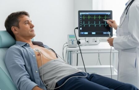 Cardiologists performing an advanced heart rhythm procedure in a cardiac catheterization laboratory.
