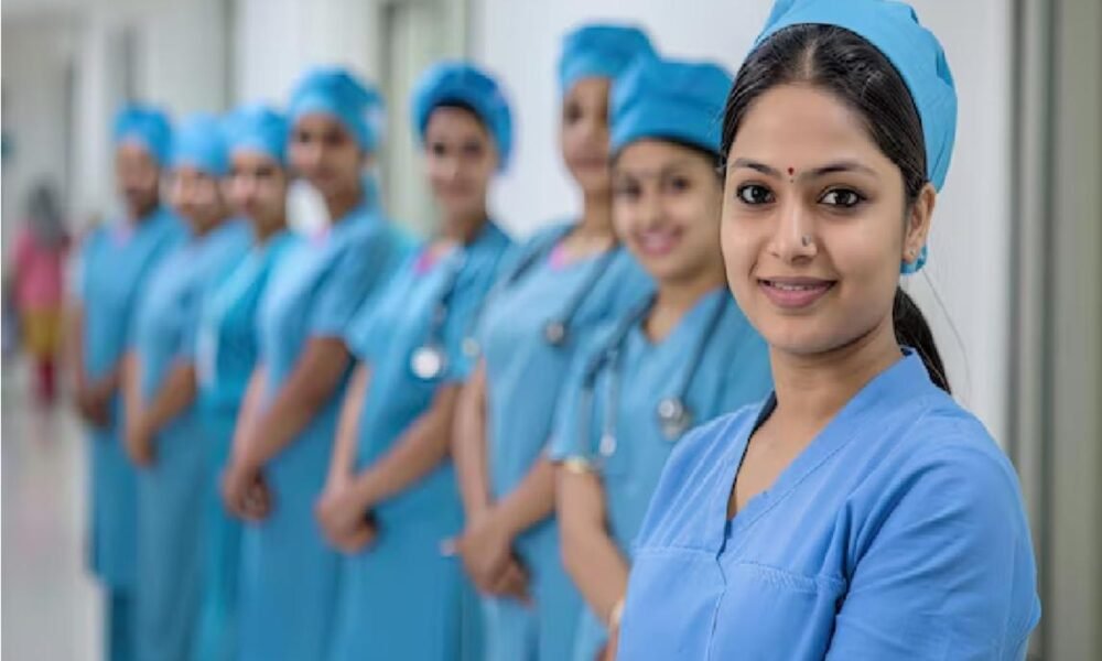 Nurses using digital healthcare technology in a modern hospital.