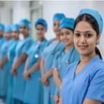 Nurses using digital healthcare technology in a modern hospital.