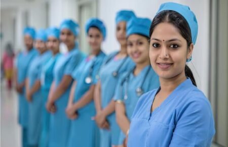 Nurses using digital healthcare technology in a modern hospital.