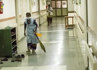 Hospital staff carrying out sanitation and disinfection in a government hospital.